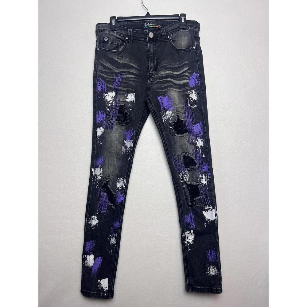 Switch Remarkable Distressed Black Slim Tapered Jeans Paint Splat Size 34 x 32